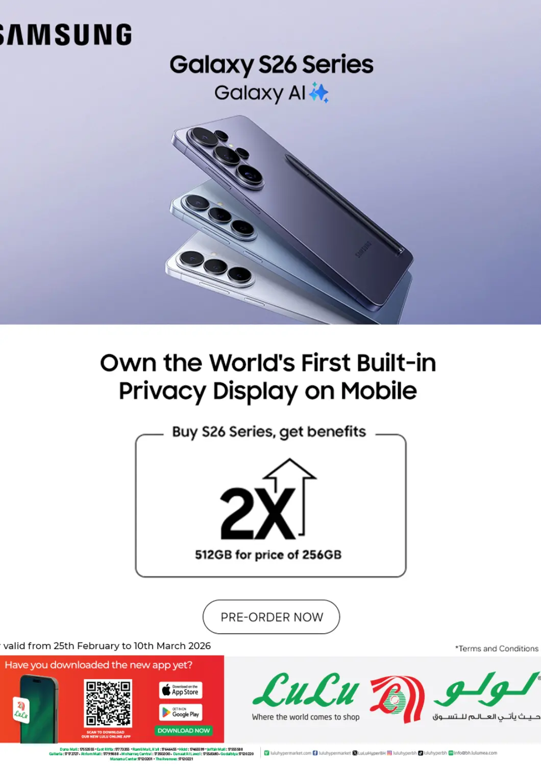 Bahrain LuLu Hypermarket offers in D4D Online. Galaxy S26 Series. . Till 10th March