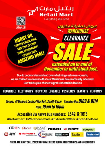 Qatar - Doha Retail Mart offers in D4D Online. Warehouse Clearance Sale. . Till 15th December