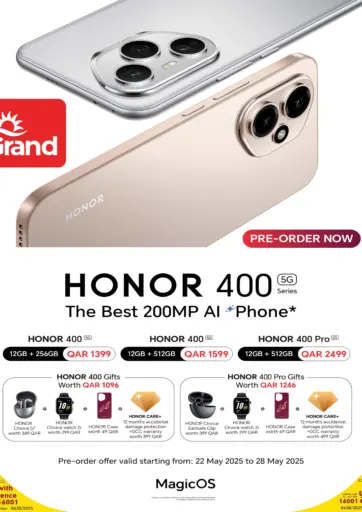 Grand Hypermarket - 📱✨ Pre-Order the Power of AI! Introducing the all-new HONOR 400 Series with a stunning 200MP AI Camera! in Qatar Offers - Qatar 📱✨ Pre-Order the Power of AI! Introducing the all-new HONOR 400 Series with a stunning 200MP AI Camera!