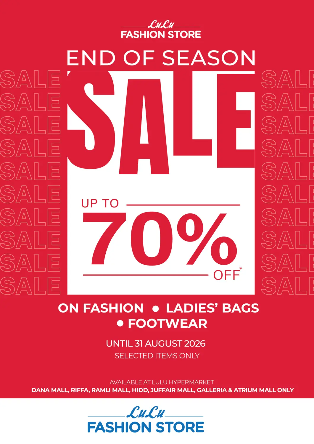 Bahrain LuLu Hypermarket offers in D4D Online. End of Season Sale-Upto 70% Off. . Till 31st August