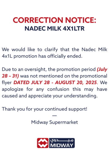 Midway Supermarket - CORRECTION NOTICE: NADEC MILK 4X1LTR in Bahrain CORRECTION NOTICE: NADEC MILK 4X1LTR