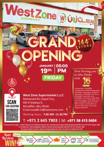 UAE - Abu Dhabi West Zone Supermarket offers in D4D Online. Grand Opening @ Sabiya 9 Mussafah. . Till 22nd January